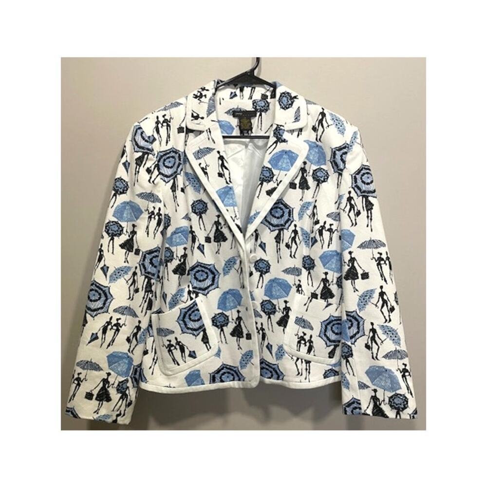 White Blue Fashion Print Cotton Blend Blazer Embroidered Women's Sz 14